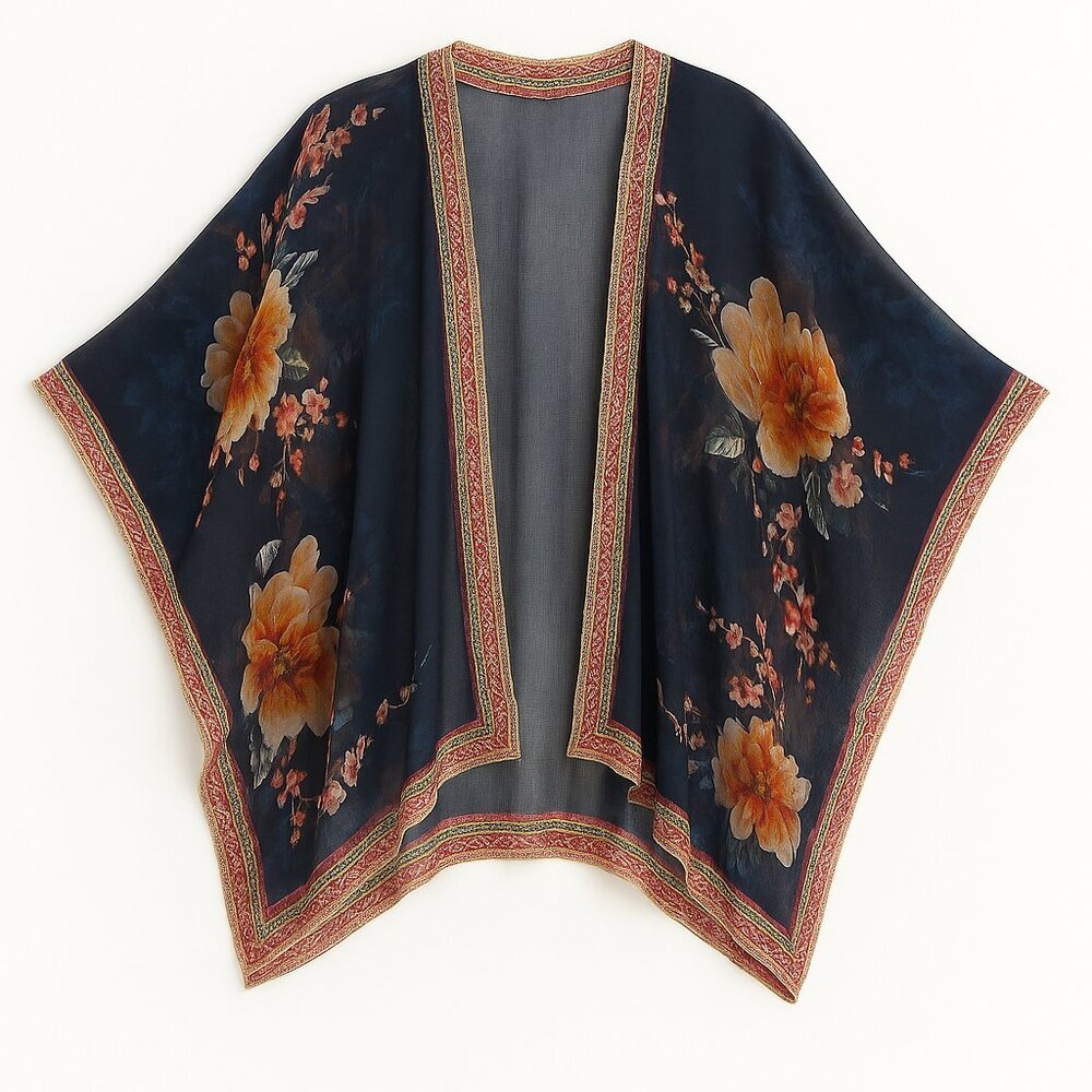 Lane Bryant Floral Kimono with Tapestry Trim Boho Lightweight Duster OS Festival